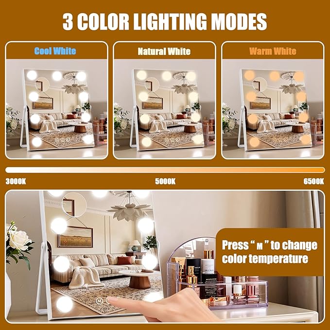 Rechargeable Vanity Mirror with Lights, 16"×10" Hollywood Makeup Mirror with 9 Dimmable Bulbs, 3000mAH Battery, 3-Color Lighting, Dimmable, 10x Magnification, Desk Mirror, Dorm Room Essentials (White)