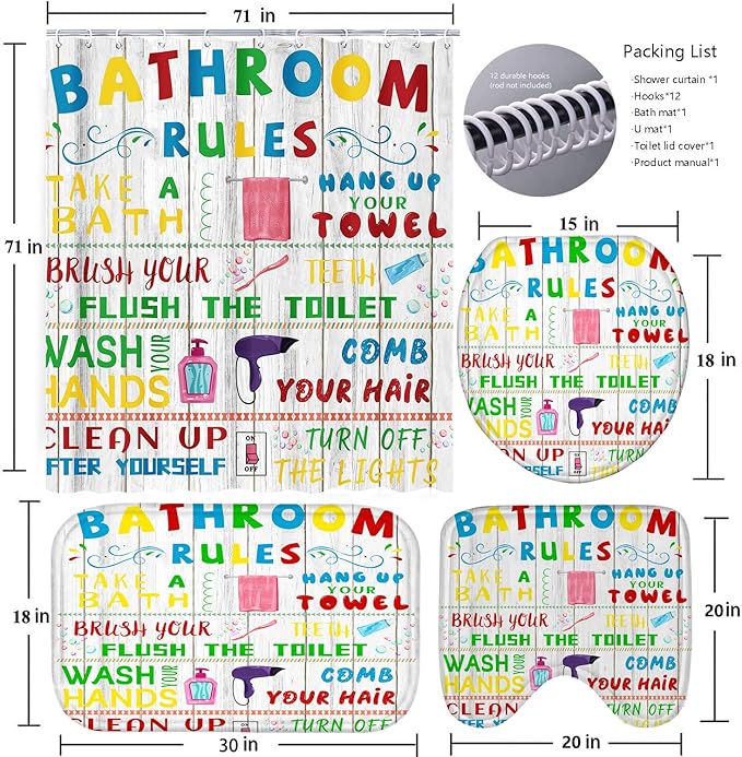 Poedist 4 Pcs Bathroom Shower Curtain Set,Kid's Bathroom Set, Space Shower Curtain Sets with Rugs(Bath Mat,U Shape and Toilet Lid Cover Mat) and 12 Hooks-05