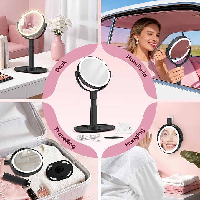 MOMOKUBA Makeup Mirror with Lights, 30X Magnifying & Height Adjustable, Lighted Magnifying Mirror with 3 Light Modes and Stepless Dimming, Vanity Mirrors for Bathroom, Birthday Gift for Women, Black