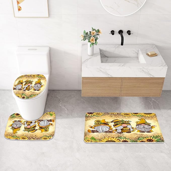 Litabel 4 Pcs Sunflower Gnomes Shower Curtain Set with Non-Slip Rugs, Toilet Lid Cover and Bath Mat, Farmhouse Country Bathroom Decor Set with Shower Curtain and Rugs(Hooks Not Included)