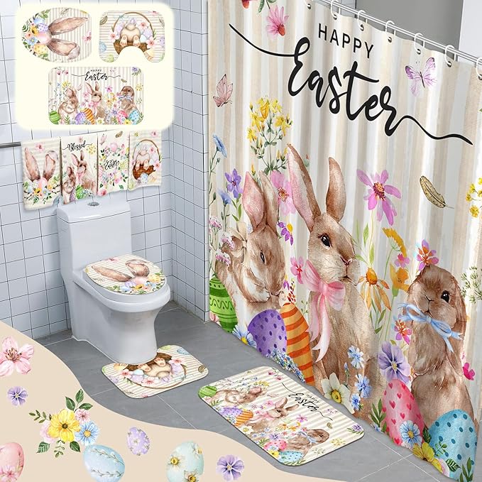 FuWeave 8 Pcs Happy Easter Shower Curtain Set for Bathroom Include Spring Floral Bunny Egg Shower Curtain Towels Non Slip Rugs Toilet Lid Cover Bath Mat and 12 Hooks for Bathroom Decor