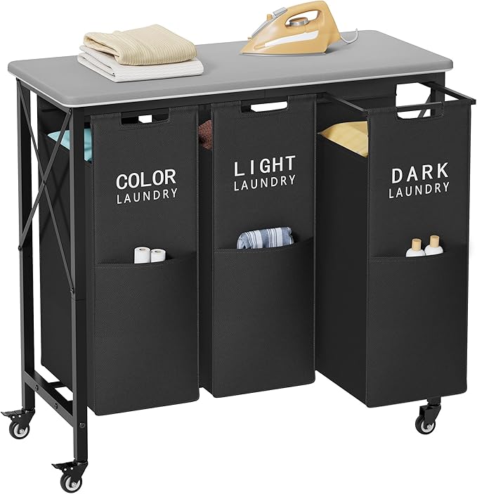 Gewudraw 3 Section Laundry Sorter with Ironing Board, Laundry Hamper with Removable Bags, Heavy Duty Rolling Laundry Cart with Lockable Wheels for Bathroom Bedroom, black