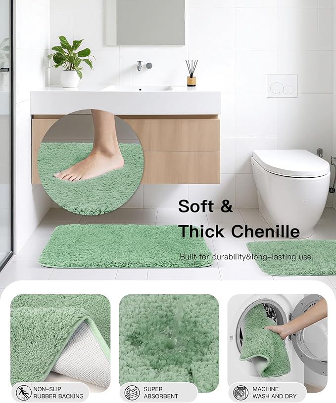 IMAVO Green Bathroom Accessories,Non Slip Absorbent Bathroom Rugs and Waterproof Shower Curtain with Hooks,Complete Bathroom Set for Bathroom Décor