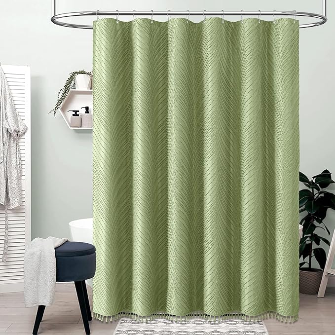 BTTN 78 Inch Long Shower Curtain - 72x78 Tufted Leaves Textured Striped Country Shower Curtain Set with Hooks, Water Repellent, Modern Farmhouse Luxury Hotel Shower Curtains for Bathroom, Sage Green