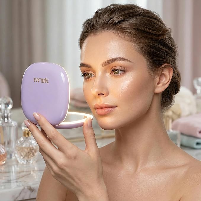 Lighted Makeup Mirror for Women, Portable, LED Light, USB Charging, auto on/Off, 1x/10x Magnification and 3 Light Color Settings, dimmable (Lavender)