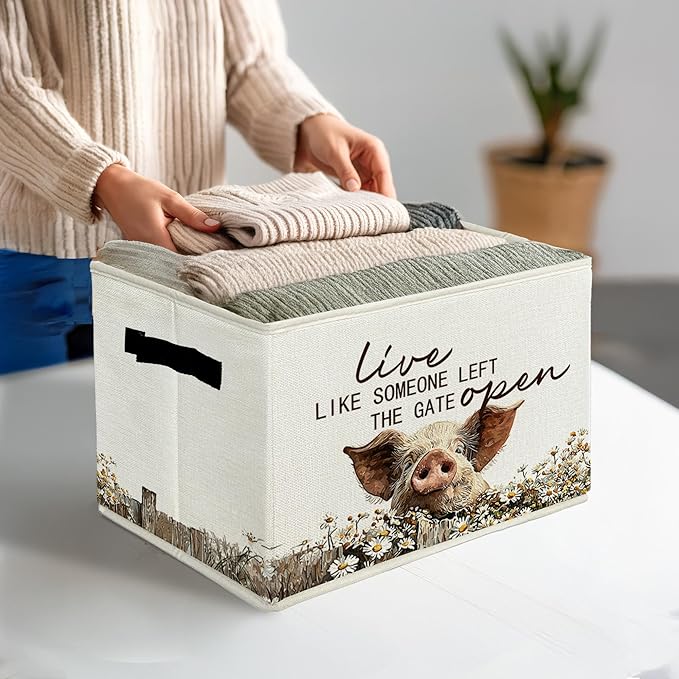 Rustic Pig Storage Bins & Boxes with Handles, Farmhouse Pig Foldable Basket for Organizing, Live Like Someone Left the Gate Open Collapsible Storage Basket for Bedroom Bathroom Clothes Toys