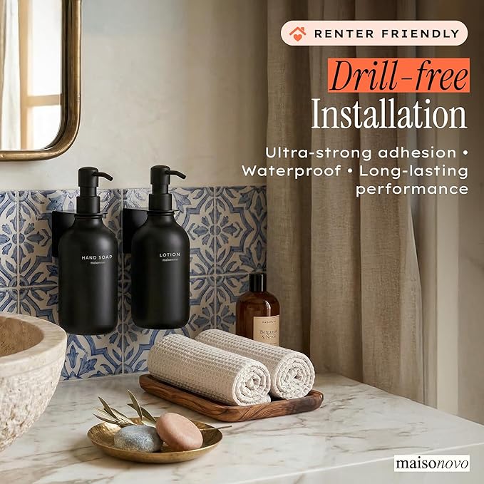 Shampoo and Conditioner Dispenser Wall Mounted Set of 2 Black - No Drill Shower Soap Dispenser for Bathroom Refillable - Spa Hotel Style Accessories by MaisoNovo