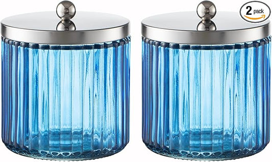 KMwares 2-Pack Glass Bathroom Jars - Blue Stripes Glass with Lids Cotton Ball, Q-Tip, Swab, and Floss Holder - Modern Organizer for Bathroom, Vanity Decorative Countertop Storage (Cobalt Blue)