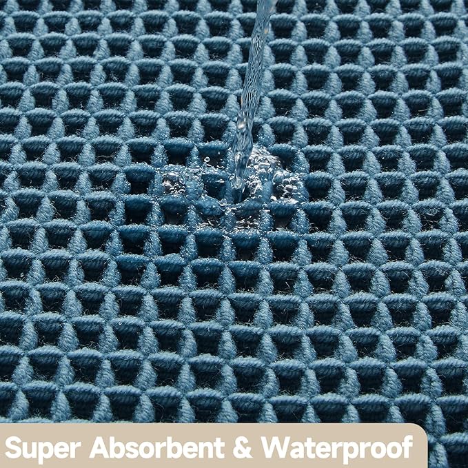 Waffle Runner Rug Bathroom, Long Boho Bathroom Rugs Non Slip Washable Super Absorbent Quick Dry Farmhouse Bath Decor, 60"x24" Denim Blue