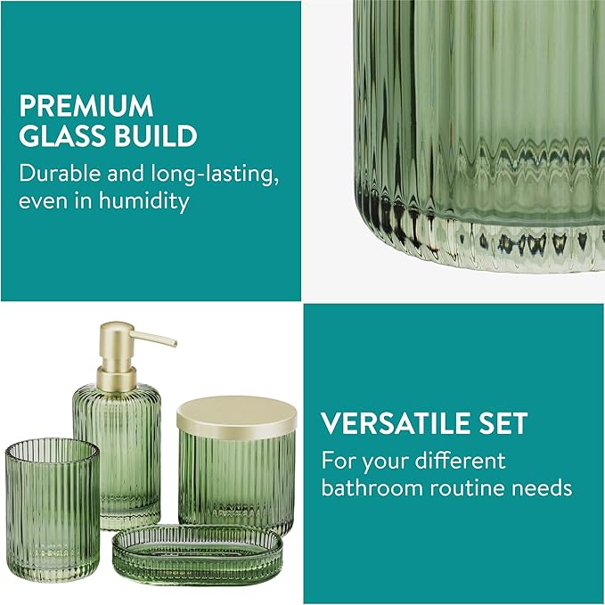 Navaris Glass Bathroom Accessories Set - Durable 4 Piece Accessory Set in Sage Green - Vanity Home Decor - Toothbrush Holder, Soap Dispenser, Cotton Jar & Soap Dish