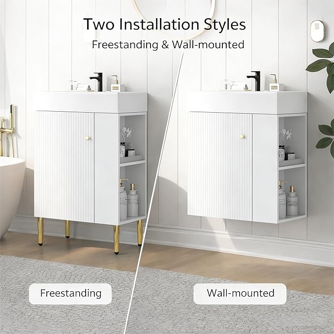 Virubi 21.6 in Small Bathroom Vanity with Sink,Doors and Storage Shelves,Wood Modern Single Fluted Bathroom Sink Cabinet Freestanding (White,Right Shelf)