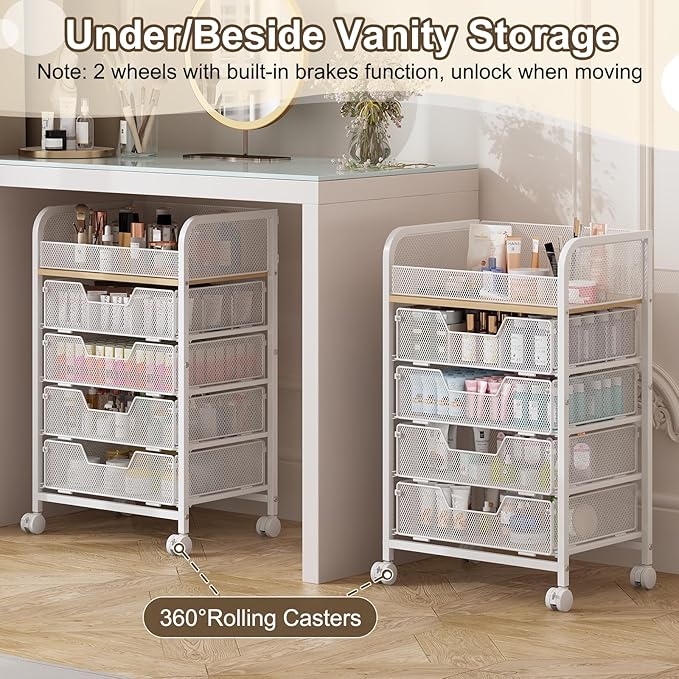 Makeup Cart Organizer with 4 Drawers, Large Floor Skincare Organizers, Vanity Storage Organizer Cosmetics Display Cases for Skin Care Perfume Nail Polish, White