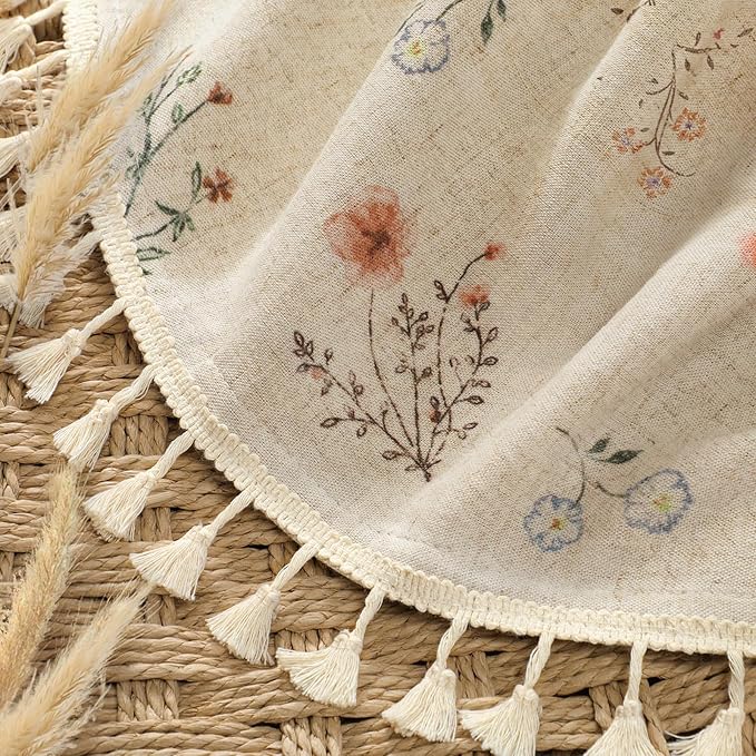 Floral Vintage Linen Shower Curtain, French Country Shower Curtains for Bathroom with Tassels, 60Wx72H