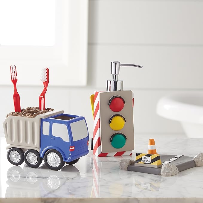 dream FACTORY Trains and Trucks Kids Bathroom Accessories Set - 3-Piece Organizer Décor for Bath Countertop - 1 Toothbrush Holder, 1 Lotion Pump / Soap Dispenser, 1 Soap Dish Tray, Grey