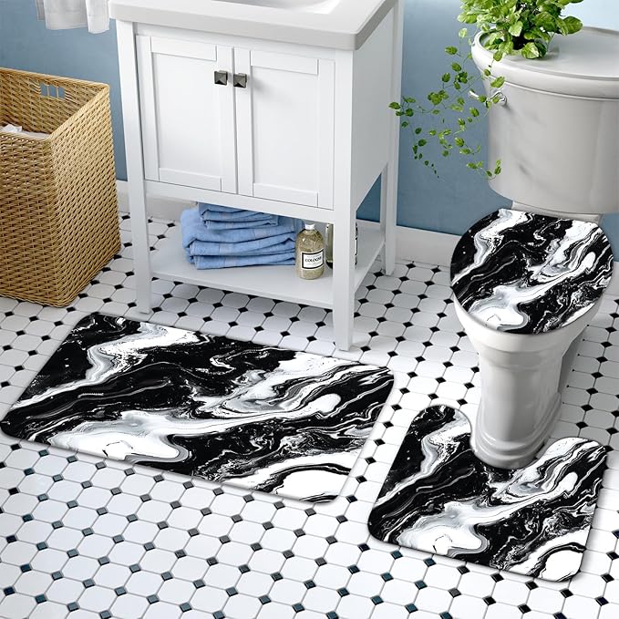 Lnond 4Pcs Marble Bathroom Sets with Shower Curtain and Rugs, Black Marble Modern Art Bathroom Shower Curtain Sets with Rugs and Accessories