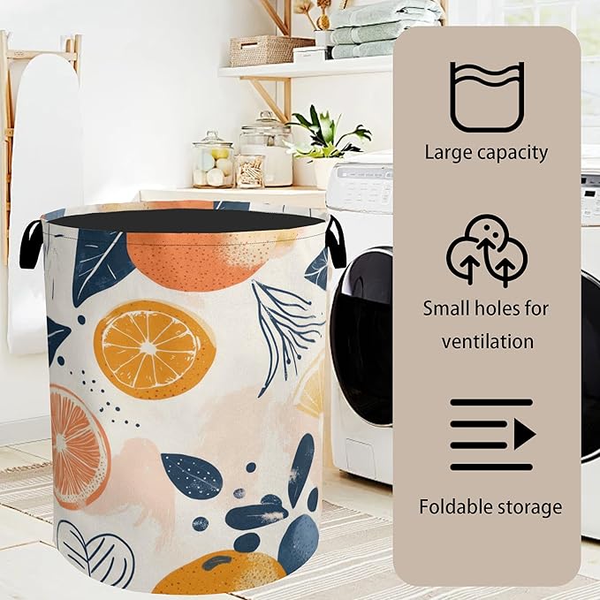 Summer Fruits Orange Laundry Basket with Handles - Extra Large Foldable Hamper for Bathroom/Laundry/Bedroom/Dorm, Washable Fabric Storage Bin