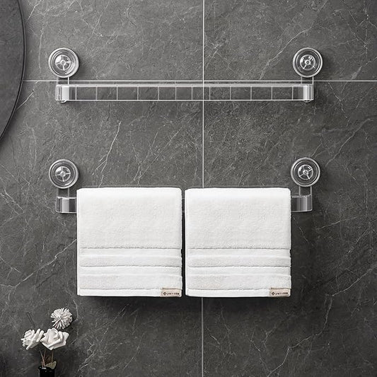 Clear Suction Cup Towel Bar - 21.5 Inch Removable No Drill Suction Towel Bar with Strong Suction & Reusable Adhesive Suction Towel Rack for Shower Bathroom Kitchen