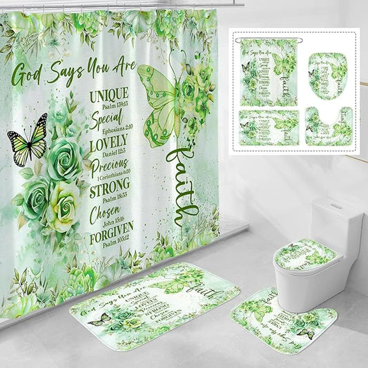Litabel 4 Pcs Green Butterfly Inspirational Quotes Shower Curtain Set with Rugs and Toilet Lid Cover, Colorful Boho Waterproof Fabric Bathroom Set, Bible Verse Floral Bathroom Decor Set Accessories