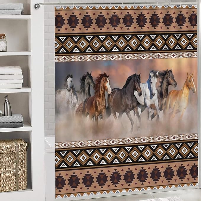 Rustic Aztec Horse 4 Pieces Shower Curtain Set,Boho Abstract Tribal Farmhouse Western Desert Horse Non-Slip Rugs Toilet Lid Cover Bath Mat and Bathroom Curtain
