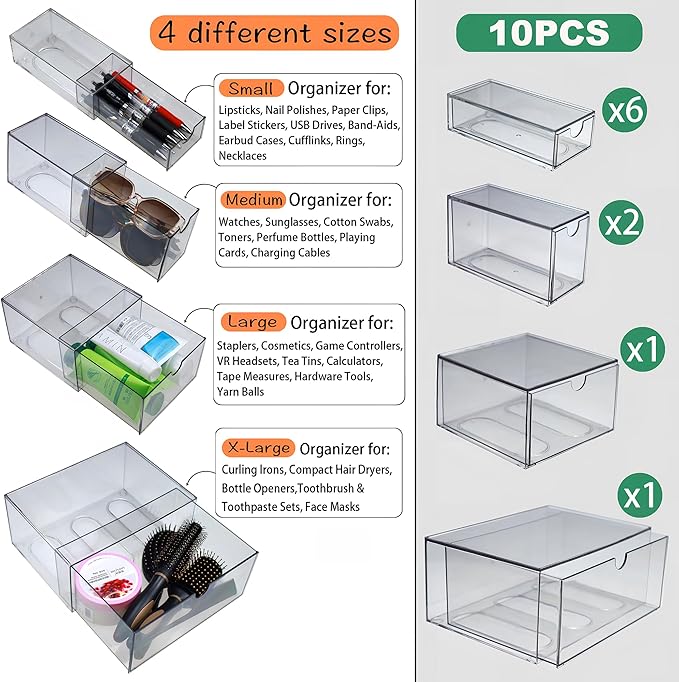 10 Pack Acrylic Storage Drawers Plastic Drawers Storage Clear Stackable Display Bins for Fridge Organizers Small Plastic Drawer for Makeup Organizers Cosmetic Display Case