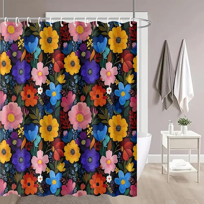 Colorful Floral Shower Curtain 72x72 Inch Bold Bright Flower Print Bathroom Curtain Fabric for Boho or Maximalist Bathroom Decor