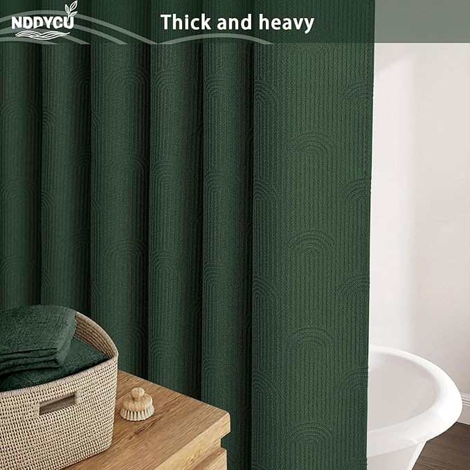 Dark Green Shower Curtain Boho Cotton Texture Mid Century Minimalist Arch Shower Curtain for Bathroom,72" W X 72" L
