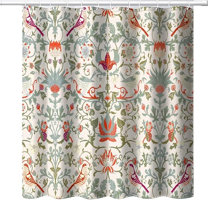 Bohemia William Morris Art Fabric Shower Curtain,Abstract Retro Mid Century Boho Floral Bird Hotel Quality,Machine Washable,84L x72W for Bathroom.