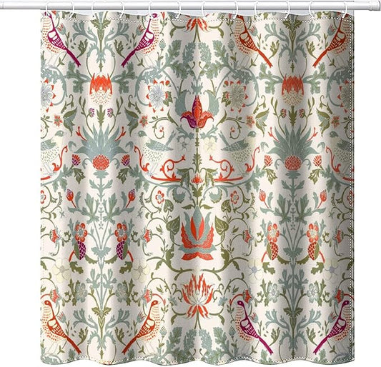 Bohemia William Morris Art Fabric Shower Curtain,Abstract Retro Mid Century Boho Floral Bird Hotel Quality,Machine Washable,84L x72W for Bathroom.