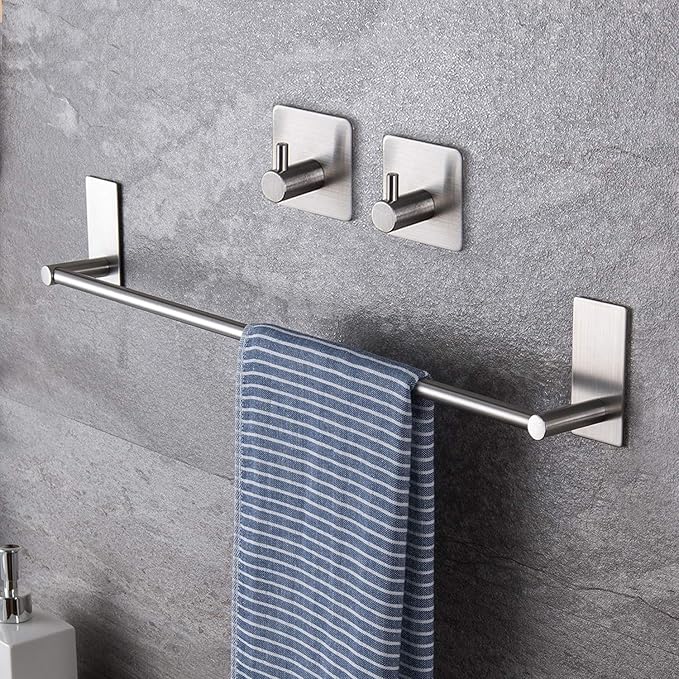 Taozun 16-Inch Towel Bar - Self Adhesive Bathroom Towel Holder with 2 Packs Towel Hooks, Stainless Steel Bathroom Hardware Accessory Kit, No Drilling
