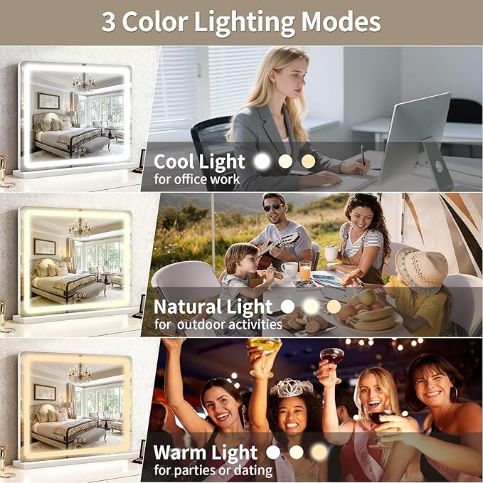 ROLOVE Vanity Mirror with Lights, 23"x18" Large Makeup Mirror with Lights, 10x Magnification, Wall Mounted LED Mirror for Bathroom, Dimmable Touch Control, Desk Mirror