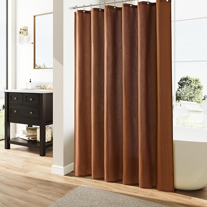 Naturoom Rustic Brown Boho Linen Shower Curtain, Country Farmhouse Bath Decor Shower Curtains Neutral Cloth Weighted Textured Fabric Bath Curtain Liner with Hooks, 72x72