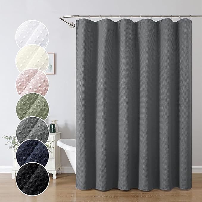 OWENIE Grey Waffle Weave Fabric Shower Curtain, Textured Heavy Cloth Shower Curtains for Bathroom, Water Repellent Soft Hotel Spa Luxury Elegant Bath Curtain, Machine Washable, Grey, 72x78 Inch