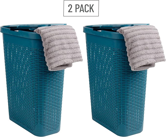 Mind Reader Slim Laundry Hamper with Lid, 40L Clothes Basket, Narrow Tapered Design with Ventilated Cutout Pattern, Plastic, Set of 2, Blue