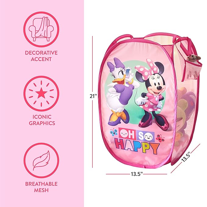 Disney Minnie Mouse Pop-Up Hamper,?€?Oh So Happy?€? Design, 21?€?H x 13.5?€?W x 13.5?€?L, Durable & Collapsible Laundry Basket with Carry Handles for Kids Room