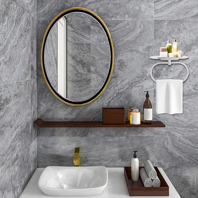 Hand Towel Holder with Shelf, Oval Durable 304 Stainless Steel Adhesive Bathroom Towel Bar Stand Rack Hanger Wall Mounted Rings Practical Kitchen Bathroom Accessories(Silver)