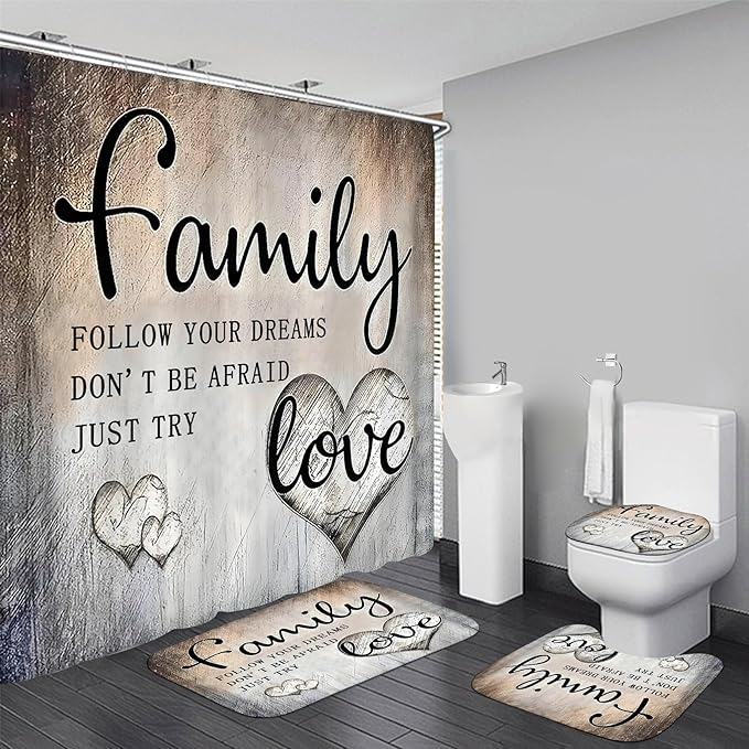 AZHM Inspirational Motivational Shower Curtain Set for Bathroom 4 Pcs Black Bathroom Accessory Decor Sets with Shower Curtain and Rugs