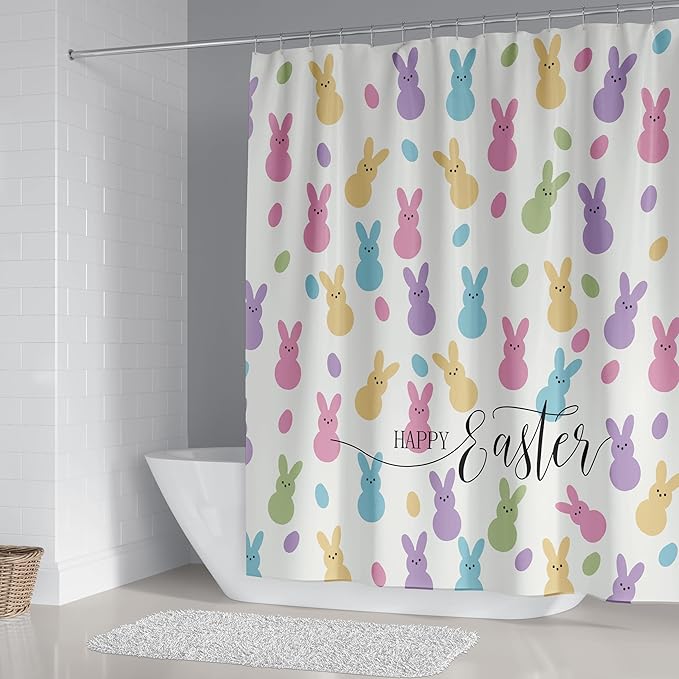 4 Pcs Easter Bunny Shower Curtain Sets with Non-Slip Rugs, Toilet Lid Cover and Non-Slip U Shape Bath Mat, Easter Bathroom Decor with 12 Hooks 71 x 71 Inches (Style A)