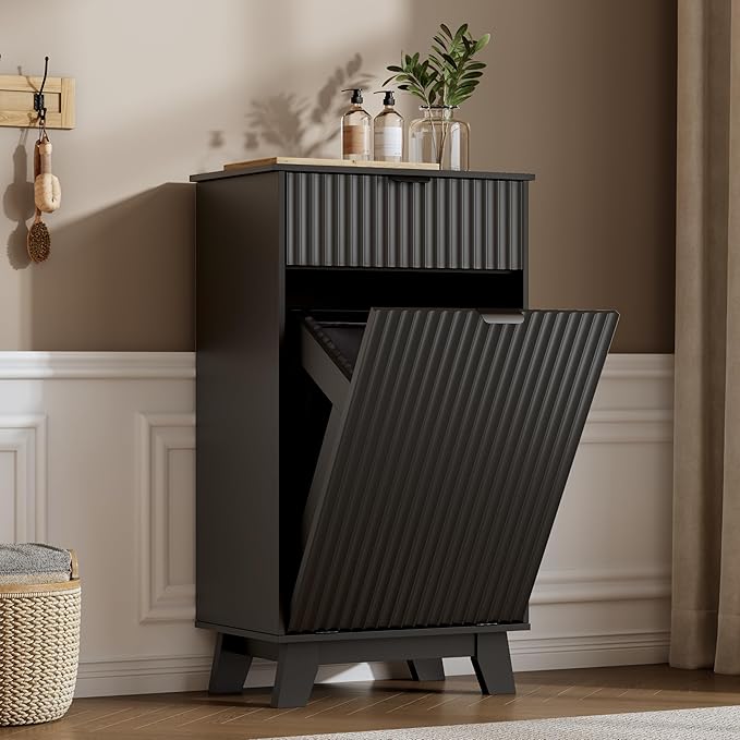 Double Tilt Out Laundry Hamper Cabinet, 20 Gallon Wooden Trash Can Cabinet with Storage Drawers, Hidden Fluted Garbage Can Holder for Kitchen, Living Room (Black, 20.47" W x 35.83" H x 13" D)