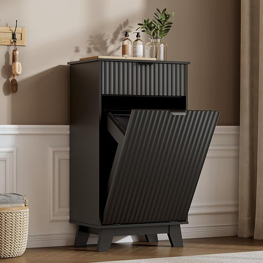 Double Tilt Out Laundry Hamper Cabinet, 20 Gallon Wooden Trash Can Cabinet with Storage Drawers, Hidden Fluted Garbage Can Holder for Kitchen, Living Room (Black, 20.47" W x 35.83" H x 13" D)