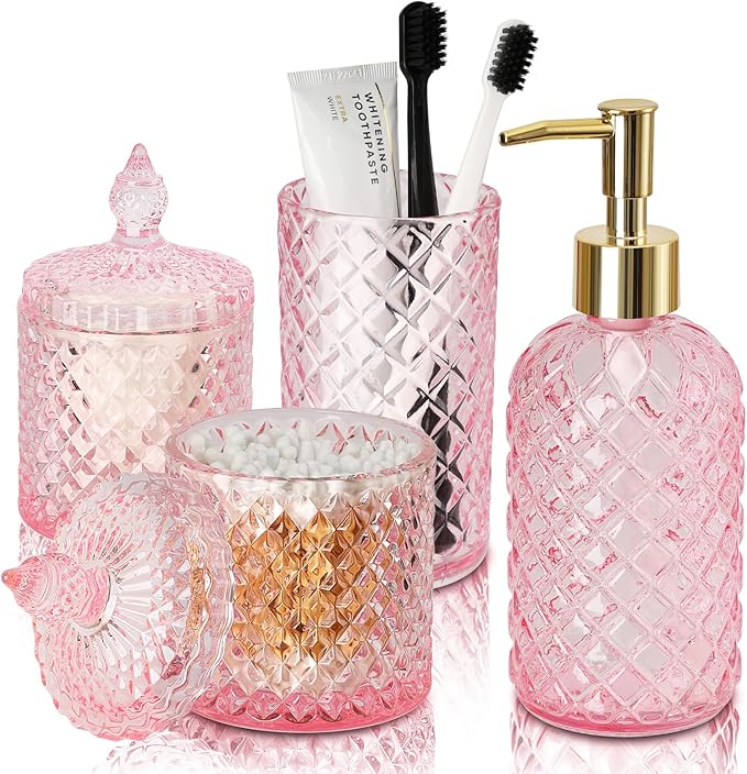 RYTOXILO Pink Bathroom Accessories Set, 4 Pack Pink Bathroom Decor Accessory Sets Complete, Diamond Glass Soap Dispenser and Toothbrush Holder Set for Bath Counter Organizer Essentials