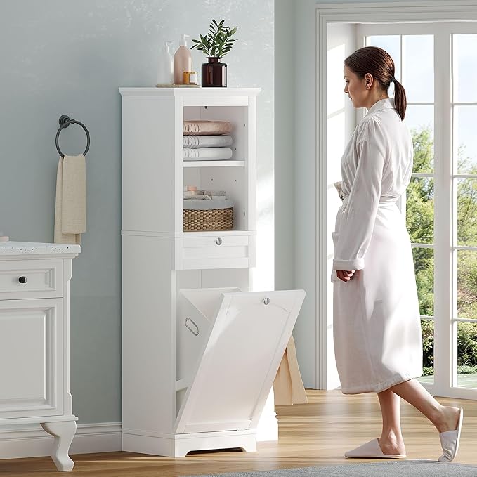 YITAHOME 53" Tall Tilt-Out Laundry Storage Cabinet, Hidden Hamper with Adjustable Shelves, Removable Basket & Sturdy Wooden Design for Bathroom or Laundry Room Organization, White