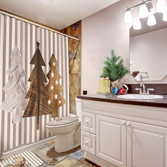 Drydiet 4 Pcs Christmas Shower Curtain Set Bathroom Decoration Non Slip Rugs Mat Toilet Lid Cover Shower Curtain for Xmas Holiday Farmhouse Home Bathroom Decor(Brown Christmas)