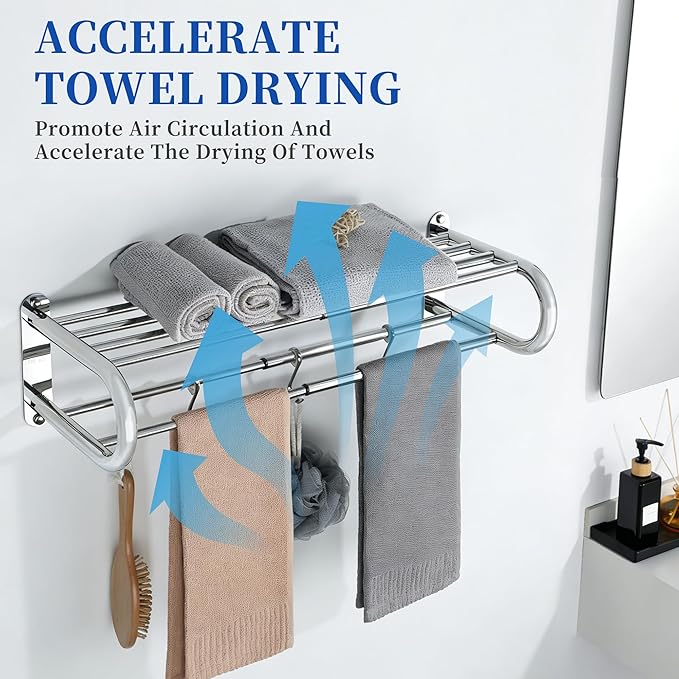 Alise Adjustable 16-28 Inches Double Towel Rack for Bathroom,Wall Mount Double Towel Racks,SUS304 Stainless Steel Towel Holder,Retractable Towel Shelf with 2 Towel Bars 4 Movable Hooks,Chrome