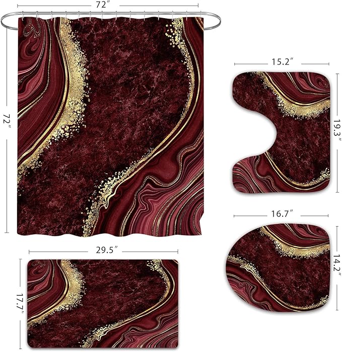 Gibelle 4 Pcs Luxury Marble Shower Curtain Set with Non-Slip Rugs, Toilet Lid Cover and Bath Mat, Gold Foil Red Bathroom Decor Set with Shower Curtain and Rugs and Accessories