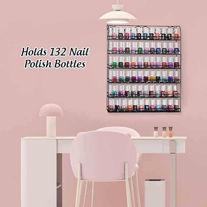 AMT 6 Tier Metal Nail Polish Racks for The Wall, Up to 132 Bottles, Clear Quality Nail Polish Display, Essential Oils Organizer (132 Bottles or 60 Jars - Black)