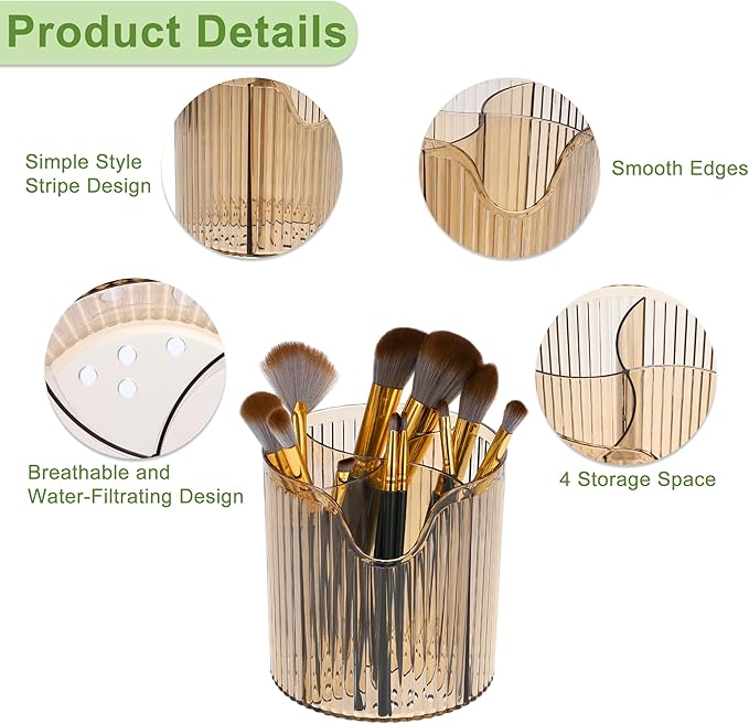 VOCOSTE Makeup Brush Cup, Makeup Organizer, 4 Slot Makeup Brush Holder, Cosmetics Storage Cup, for Vanity for Desktop, for Bathroom Countertops, Clear Brown