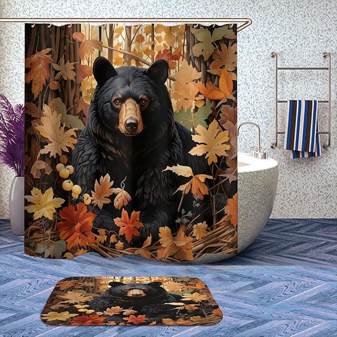 4 Pcs Black Bear Bathroom Shower Curtain Set with Rug, Toilet Lid Cover and Bath Mat, Rustic Farm Wildlife Bear Vintage Cabin Forest Bathroom Shower Curtain with 12 Hooks Accessories Decorative