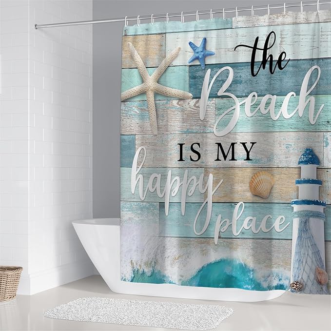 Chrainy 4Pcs Nautical Ocean Shower Curtain Sets Sea Wooden Bathroom Set Decor with Non-Slip Rugs Bath U-Shaped Mat Toilet Lid Cover Starfish Lighthouse Bathroom Curtain Shower Set with 12 Hooks