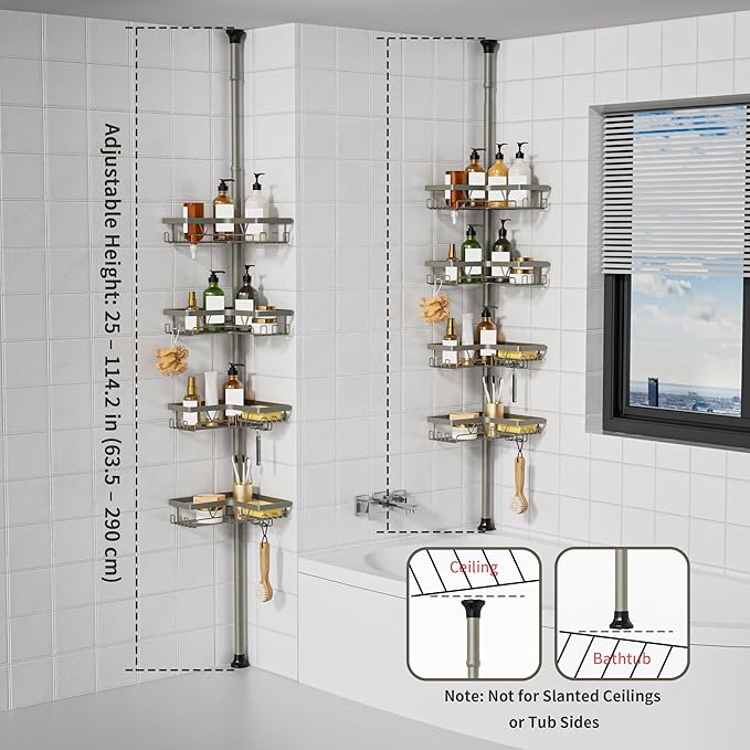 KEGII Shower Caddy Tension Pole, 4-Tier Rustproof Adjustable Corner Bathroom Organizer for Renters, 25–114.2 Inch No Drill Space-Saving Shower Storage Rack, Silver Gray