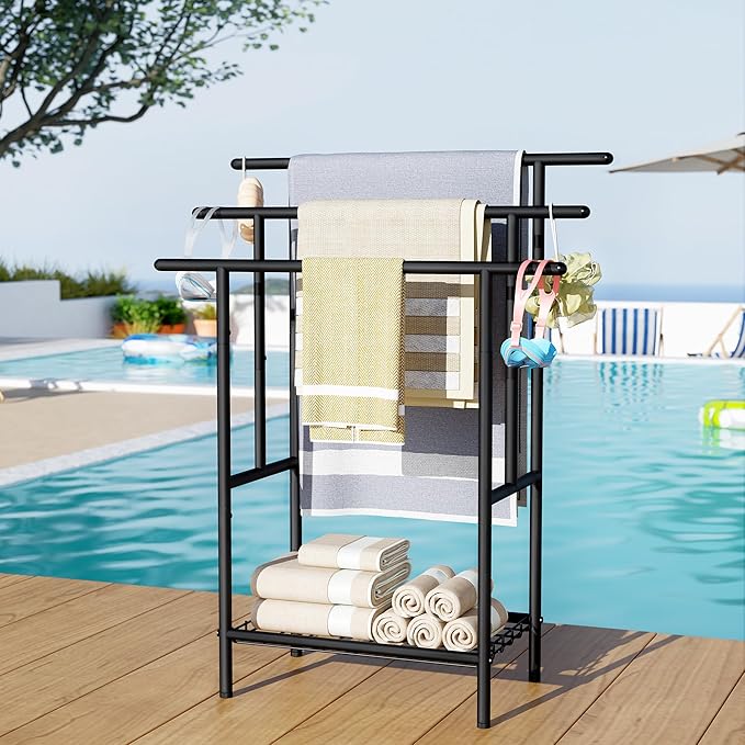Free Standing Towel Racks for Bathroom, 3-Layer Towel Drying Rack with Storage Rack, Black Metal Pool Towel Rack Outdoor, 12" W x 25.8" L x 39.4" H, UXJMJ002B